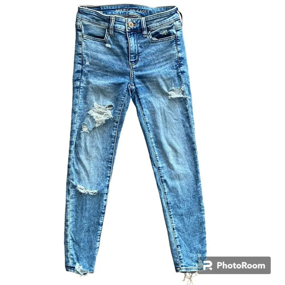 AMERICAN Eagle Light  Wash Ripped Skinny Jeans Super Stretch Jegging Size 0 - Picture 1 of 12